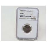 1938-D JEFFERSON NICKEL COIN, NGC GRADED MS66+
