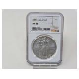 2009 1 OZ FINE SILVER EAGLE DOLLAR COIN, NGC GRADED MS69