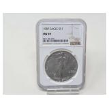 1987 1 OZ FINE SILVER EAGLE DOLLAR COIN, NGC GRADED MS69