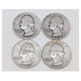 FOUR PRE-1965 WASHINGTON SILVER QUARTER DOLLAR COINS
