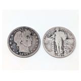 1897 BARBER AND 1927 STANDING LIBERTY SILVER QUARTER DOLLAR COINS