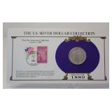 1889-O MORGAN SILVER DOLLAR COIN W/ COLLECTOR STAMPS ON DISPLAY CARD