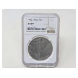 1992 1 OZ FINE SILVER EAGLE DOLLAR COIN, NGC GRADED MS69
