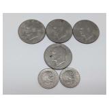 VINTAGE US DOLLAR COINS INCLUDING THREE EISENHOWER BICENTENNIAL, 1971 EISENHOWER DOLLAR COIN, AND PAIR OF 1979 SUSAN B ANTHONY DOLLAR COINS
