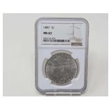 1887-P MORGAN SILVER DOLLAR COIN, NGC GRADED MS63