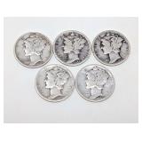 FIVE MERCURY SILVER DIME COINS