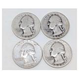 FOUR PRE-1965 WASHINGTON SILVER QUARTER DOLLAR COINS