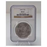 1885-O MORGAN SILVER DOLLAR COIN, NGC GRADED MS62