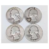 FOUR PRE-1965 WASHINGTON SILVER QUARTER DOLLAR COINS