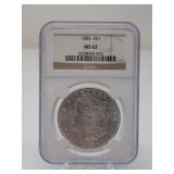 1885 MORGAN SILVER DOLLAR COIN, NGC GRADED MS62