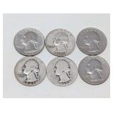 THREE PRE-1965 WASHINGTON SILVER AND THREE POST-1964 QUARTER DOLLAR COINS