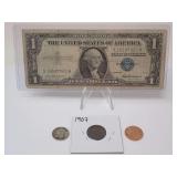 1957 $1 SILVER CERTIFICATE, 1907 INDIAN PENNY, 1939 MERCURY DIME & 2009-D LINCOLN BICENTENNIAL CENT