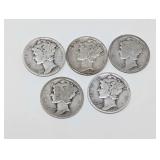 FIVE MERCURY SILVER DIME COINS