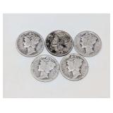 FIVE MERCURY SILVER DIME COINS