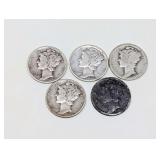 FIVE MERCURY SILVER DIME COINS