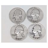FOUR PRE-1965 WASHINGTON SILVER QUARTER DOLLAR COINS