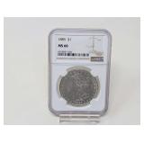 1885-P MORGAN SILVER DOLLAR COIN, NGC GRADED MS60