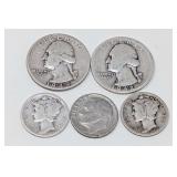PAIR OF PRE-1965 WASHINGTON SILVER QUARTER DOLLAR COINS, PAIR OF MERCURY SILVER DIME COINS, AND 1974-D DIME LABELED "OFFSET"