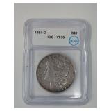 1891-O MORGAN SILVER DOLLAR COIN, ICG GRADED VF30