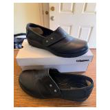 Black slip on comfort mules