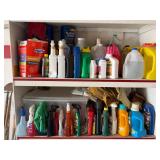 Shelf contents, cleaning supplyï¿½s and garden stuff