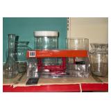 Glass containers and apple peeler