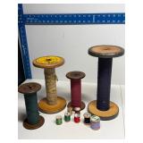 Wooden bobbin spools, thread group lot