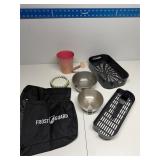 Lot of bowls, metal baskets, bags