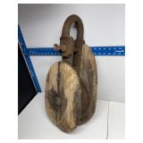 Wood & cast iron extra large block pulley antique
