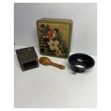 Vintage enameled funnel tin, group lot