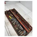 Group of tools, sockets, metal tool tray