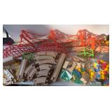 Large wooden train with track and scenery pieces