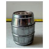 barrel-shaped metal coin bank