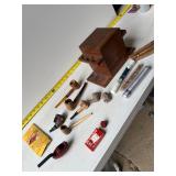 Wooden vintage box, pipes and smoking accessories,