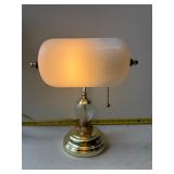 Brass base lamp milk glass shade