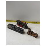 Cast iron fire engine, train, locomotive group