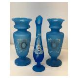 Westmoreland bud vase &pair of  Bristol blue glass