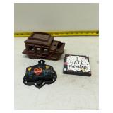 Cast iron collectables and Monday plaque