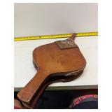 vintage wood and leather fireplace bellows.