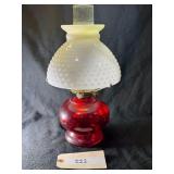 P&A Dorset Red Glass Oil Lamp White Hobnail Shade