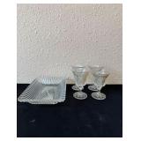Vintage Glass Relish Dish & 4 Crystal Wine Goblets