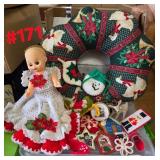 Christmas items: Wreath, Crochet Doll, Ornaments