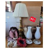 Lamp, 2 small white lamps, tall hanging doll,...