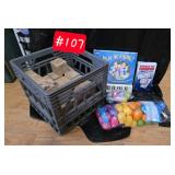 Wood blocks, easter eggs, piano kids book,...