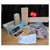 Wood carving kit, magazines, wood blocks
