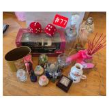 Jesus figure, candle holders, lamp, red dice,...