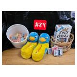 Duck slippers, hair rollers, 3 decks of cards,...