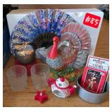 Ceramic turkey, 2 glasses, metal apple, teapot...