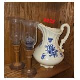 2 Candle Holders, Pitcher with blue flowers
