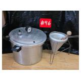 Large pressure cooker, strainer & wooden pestle
